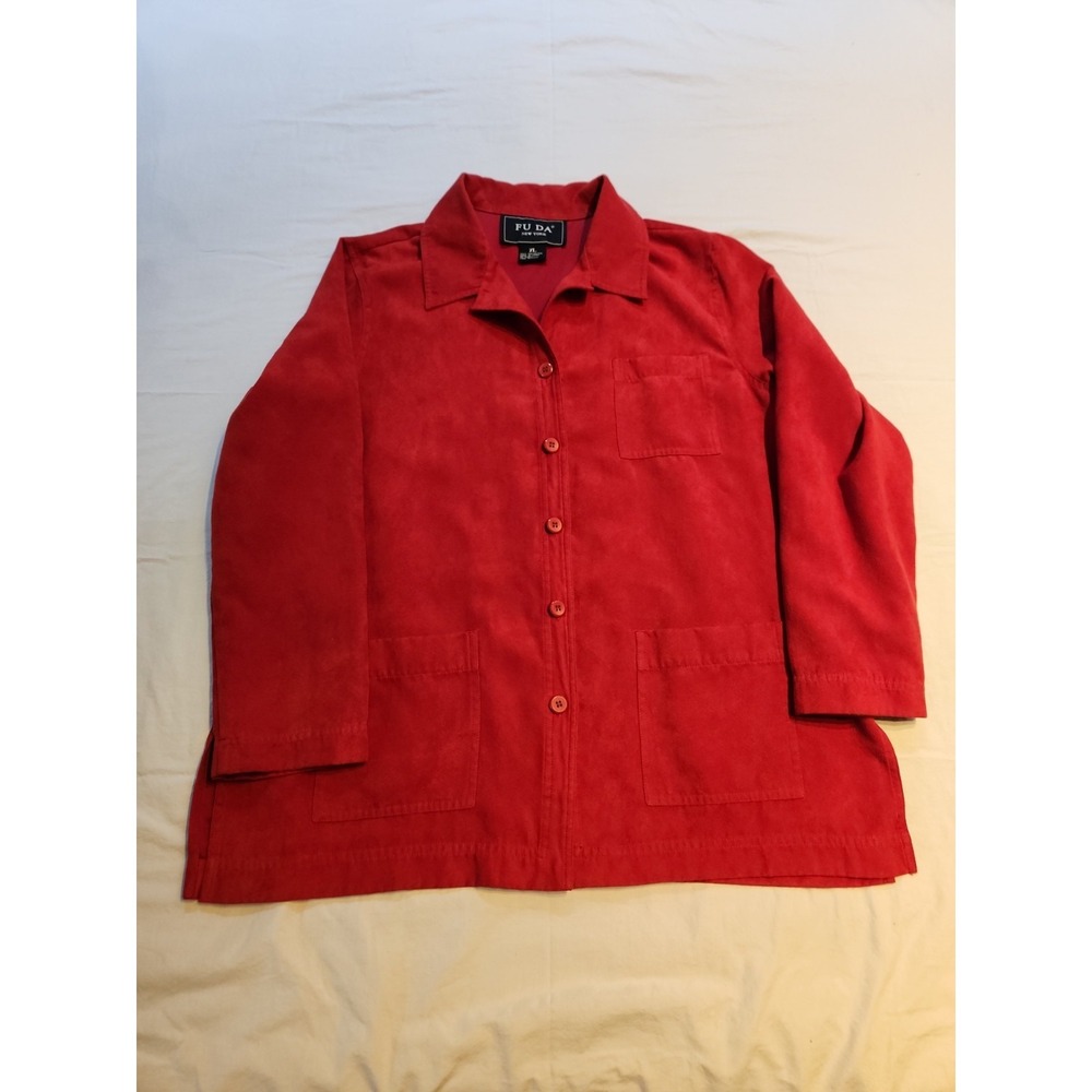 Fu Da New York Red Faux Suede Button Front Shirt Jacket Womens XL Pocketed